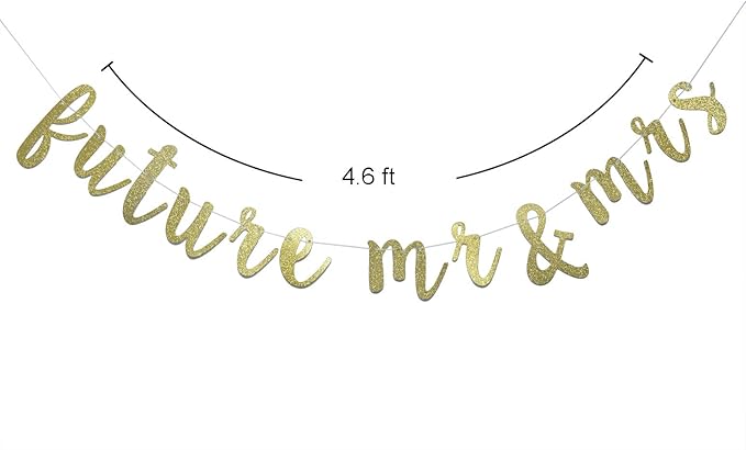 Future Mr & Mrs Banner for Engagement Bridal Shower Bride and Groom Party Decorations Pre-Strung Sign (Gold Glitter)