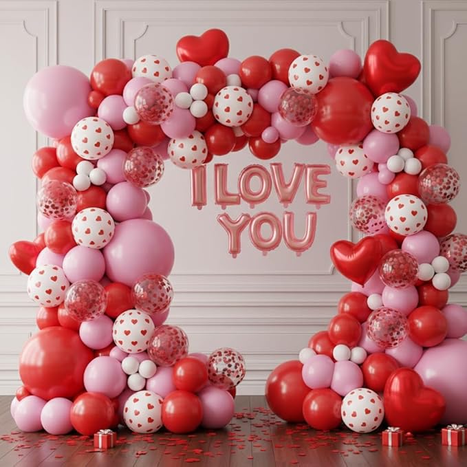 Valentines Day Balloons Garland Arch Kit - Red Heart and I LOVE YOU Foil Balloon with Different Size Red Pink White Balloons for Valentine's Day Galentine's Day Anniversary Party Decorations