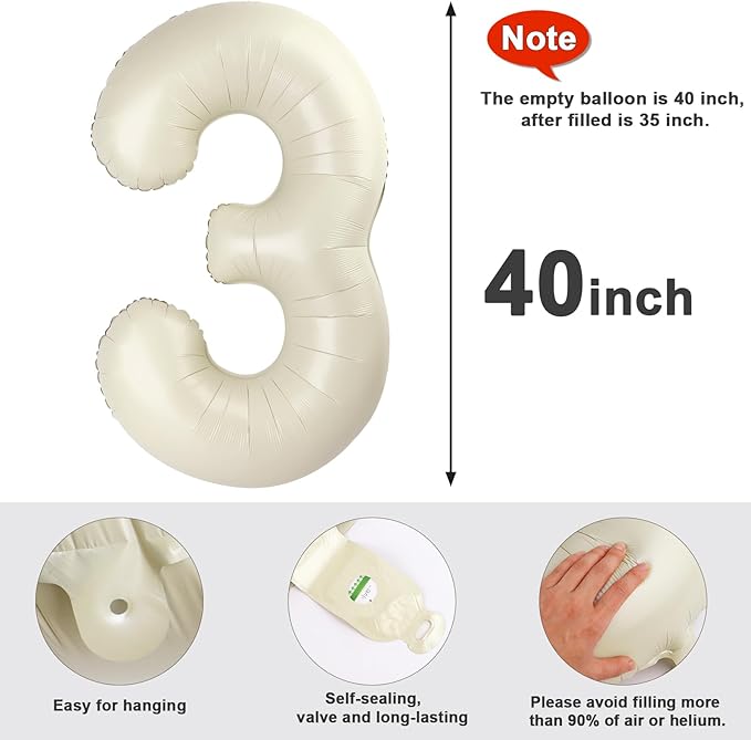 Numbers Balloon 3, 40 Inch Large Cream White Balloon for Three Year Old Birthday Decor, 3 13 30 31 Birthday Party Decorations for Wedding Supplies