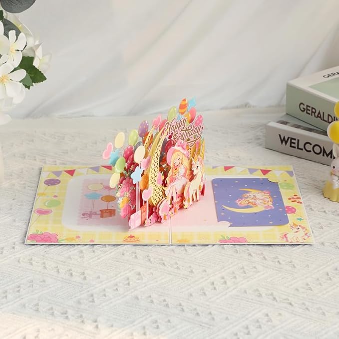 Pop Up Birthday Card for Girls and Women - 3D Unicorn and Princess on Moon Birthday Greeting Card, Laser Cut Handmade Gift Card for Daughter, Kids, Sister, Mom - Includes Envelope and Note Card