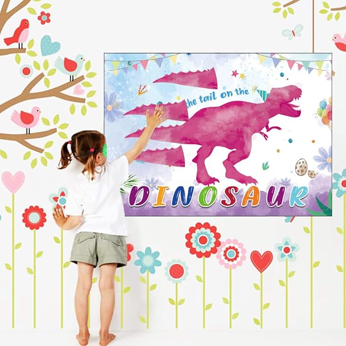 T-Antrix Pin The Tail on The Dinosaur Game -Dinosaur Party Games for Kids Girls with 21'' x 28'' Poster, Reusable Pink Tails Party Supplies for Kids Girls Birthday Party Favor Sets