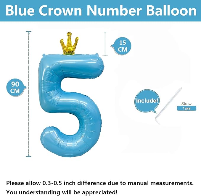 Blue Number 5 Balloon with Crown, 40 inch Blue Number Balloon 5th Birthday Party Decoration BlueCrown Balloons 0-9 for Birthday Party Anniversary Decorations Supplies