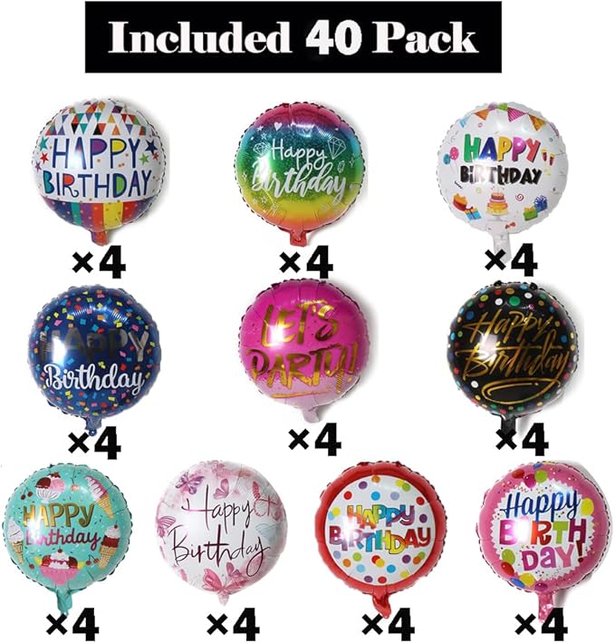 40 Pieces Happy Birthday Foil Balloons 18" Round Aluminum Foil Mylar Helium Balloon Inflatable Balloons for Birthday Party Baby Shower Decoration Supplies