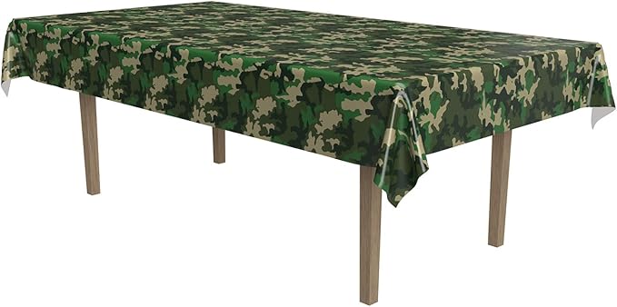 Beistle Camouflage Plastic Tablecover, Rectangular Camo Tablecloth for Military-Themed Birthdays, Camping Parties, Hunting Events, and Outdoor Celebration Decorations, 54” x 108”
