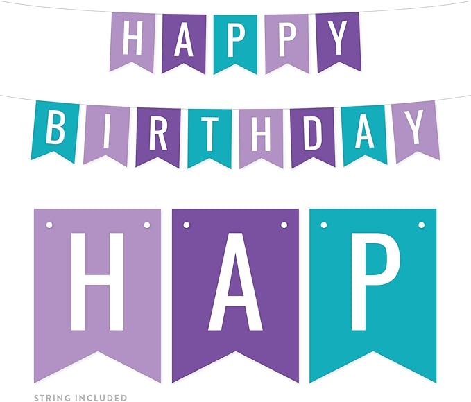 Andaz Press Hanging Pennant Banner Party Decorations, Lavender, Purple, Aqua, Happy Birthday, 1-Pack, Approx. 5-Feet, Mermaid Theme