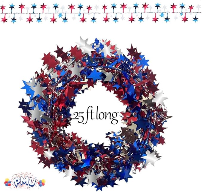 PMU 75 Ft Patriotic Star Garlands with Wire, Shiny Metallic Garland for 4th of July, National Day, Independence Day, Red,Silver and Blue (3pc-25Ft Each)