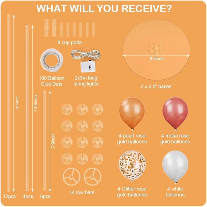 Ainiv 2 Set Table Balloon Stand Kit with Lights, Light Up Balloon Holder Include 16 Pink Latex Confetti Balloons, Wedding Party Decorations for Birthday, Graduation, Anniversary, Christmas