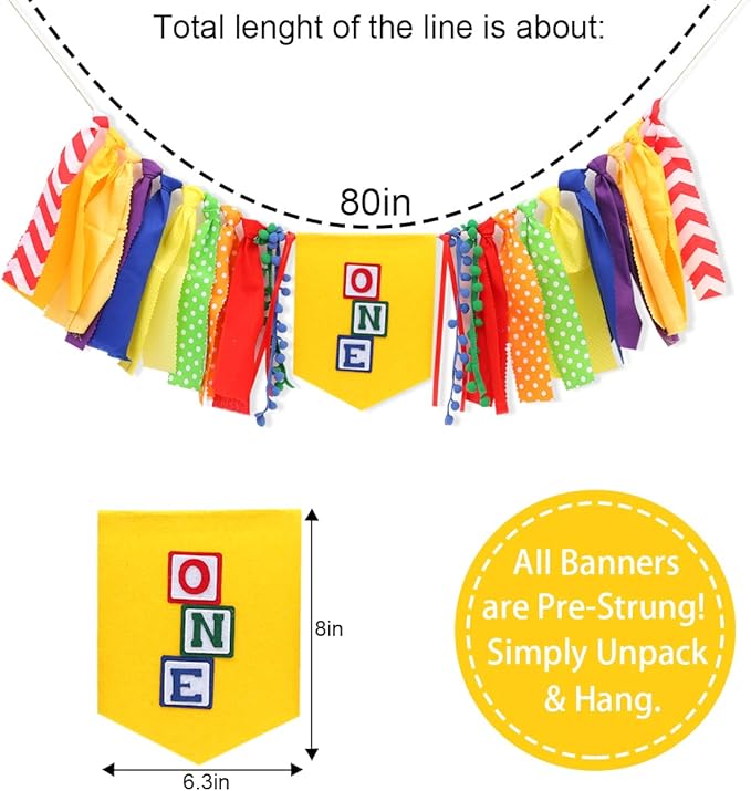 Letter Blocks One High Chair Banner - First Birthday Decorations, Nursery Rhyme Highchair Garland With Ribbon Fabric,1st Birthday Photo Props,Cake Smash Party Colorful Banner
