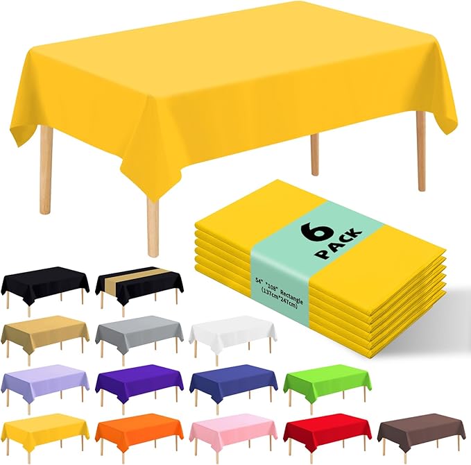 6 Pack Premium Disposable Plastic Tablecloth 54" x 108" Party Table Cloths Disposable for 6 to 8 Foot Tables Indoor or Outdoor Parties Birthdays Weddings Christmas Anniversary Buffet Table (Yellow)