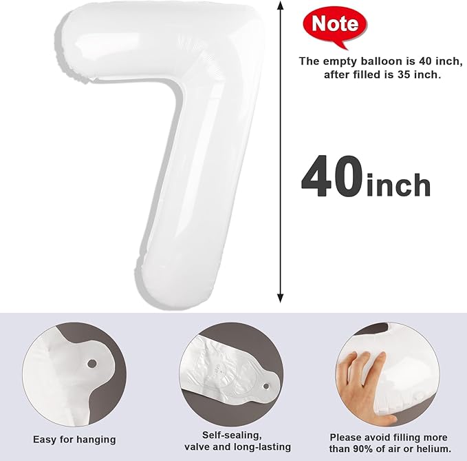 40 Inch Number 7 Balloon, White Seven Birthday Decor, 7 17 27 70 Year Old Balloon Number for Engagement, Wedding, Graduations