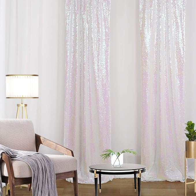 Sparkly White Iridescent Backdrop 4 Pieces 2FTx8FT Sequin Backdrop Curtains for Wedding Party