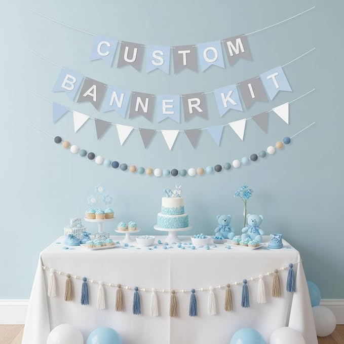 139 Pcs Felt DIY Custom Banner Kit Include 104 Letters 18 Swallowtail Flags 15 Pennants 2 Pcs Pom Pom Garland Tassel Pompom Decoration for Home Baby Shower Birthday(Baby Blue)