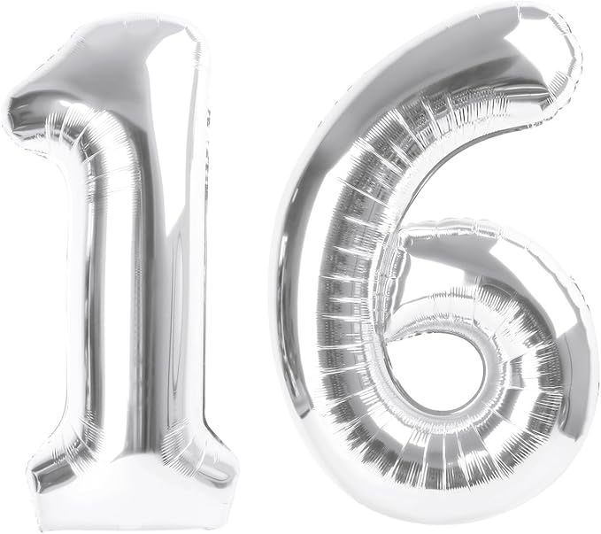 16 Number Balloons, Silver Balloons for Woman Man 16th Birthday Party Decoration, 40 Inch Foil Number 16 Ballon for 16, 61 Anniversary, Bridal Shower, Graduation, Wedding, New Year, Valentine's Day