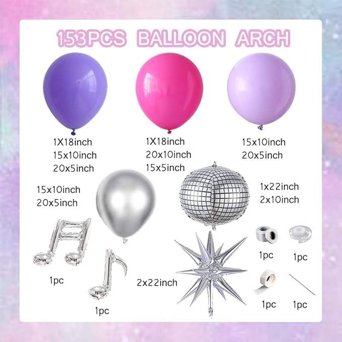 Music Hunter Balloon Arch Kit - 153Pcs Kpop Party Decorations with Disco Ball and Music Note Balloons, Pink Purple Silver Balloons for Disco Music Prom Fan Gatherings Girls Birthday Party Decorations