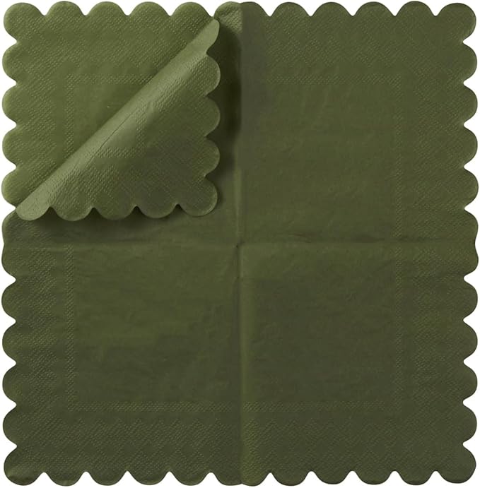 100 Pack Cocktail Napkin 2-Ply Scalloped Edged Dessert Napkins Folded 5 x 5 Inches Disposable Napkins for Dinner Wedding Birthday Party Bridal Anniversary Reception Event (Green)