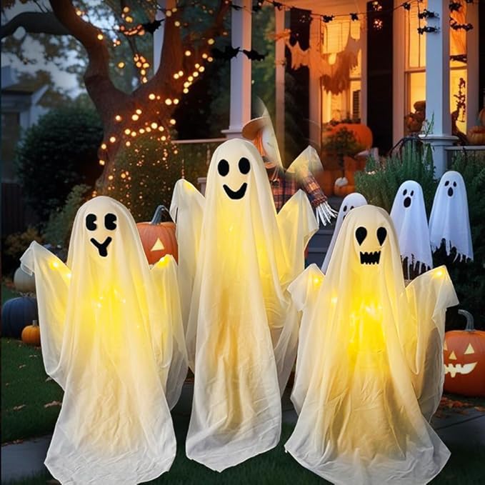 3 Pack Halloween Ghosts Decorations Outdoor,White Cloth Ghosts Stakes with Incandescent Light, Holiday Party Home Haunted House Yard Art, Front Yard Patio Lawn Garden Decor