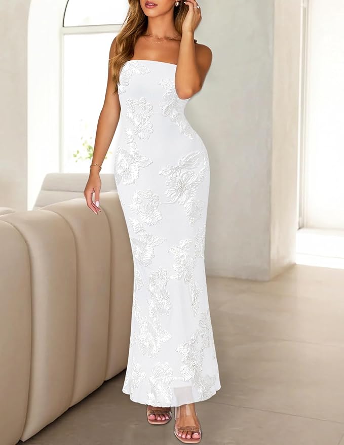 MEROKEETY Women's Floral Strapless Maxi Dress 2026 Summer Mesh Tube Bodycon Formal Wedding Guest Cocktail Party Long Dresses