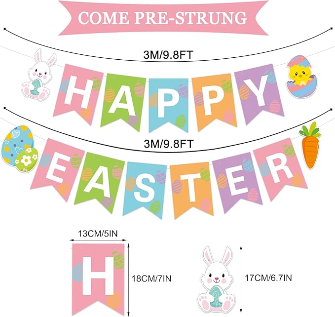 JOZON Happy Easter Banner - Multi-colored, 5.12" x 7" Flags, Easter Party Decorations with Bunny, Eggs, Chick & Carrot Signs