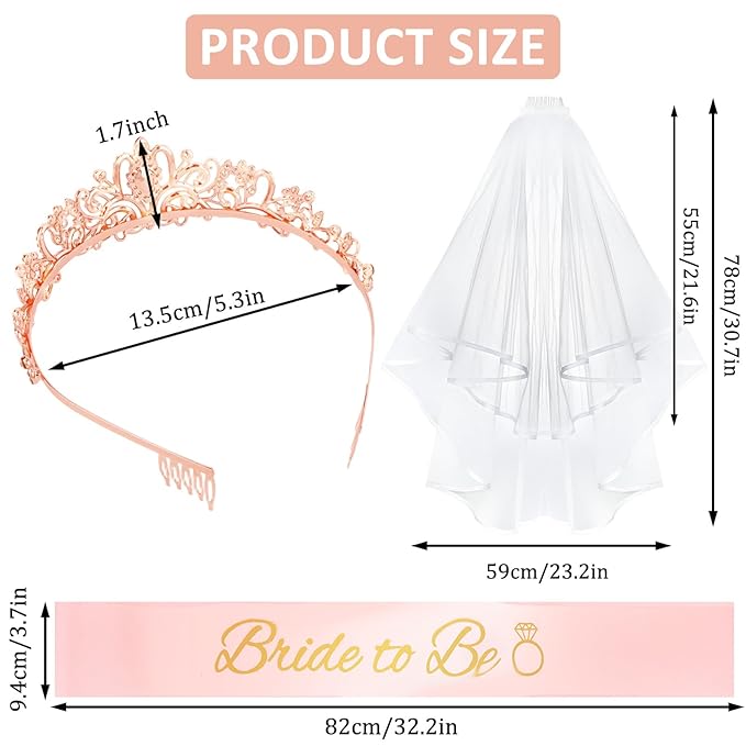 CIEHER Bachelorette Party Favors - White Veil, Bride to Be Sash & Crystal Crown for Bridal Shower Decoraions Wedding Party Gifts - Satin Sash