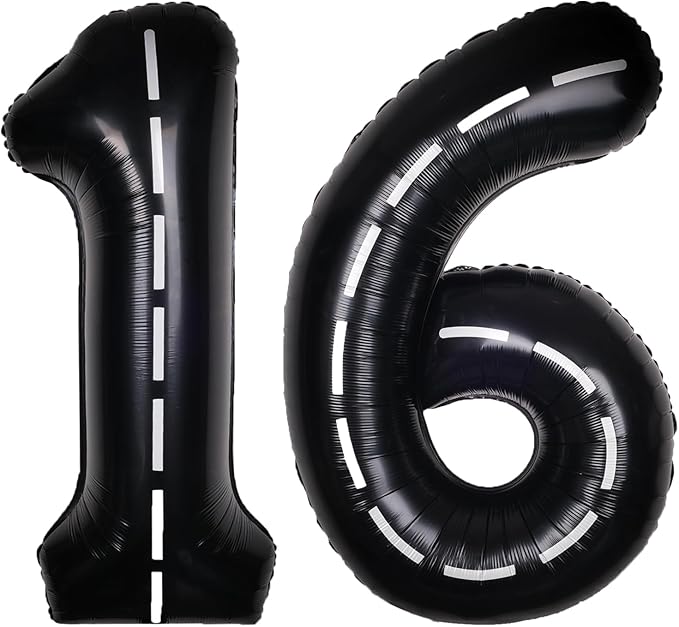 Race Car 40Inch Black 16 Balloon Number Large Helium Race Track 0-9 Giant Digital 16th Foil Mylar Big Party Number Balloons for Boy Birthday Car Theme Party Anniversary Graduation Decorations