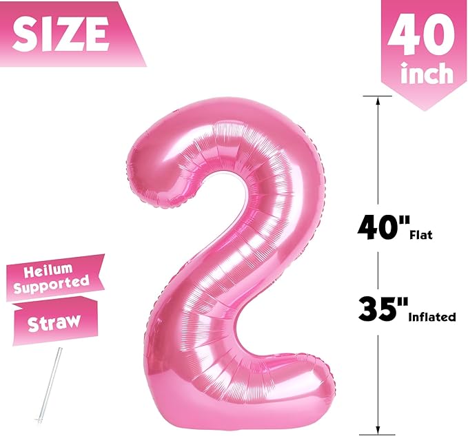 40 Inch Pink Number 2 Balloon, Giant 2 Number Balloons for 2nd Birthday Decorations, Party Supplies for Baby Boy Girl, Pink Party Decor