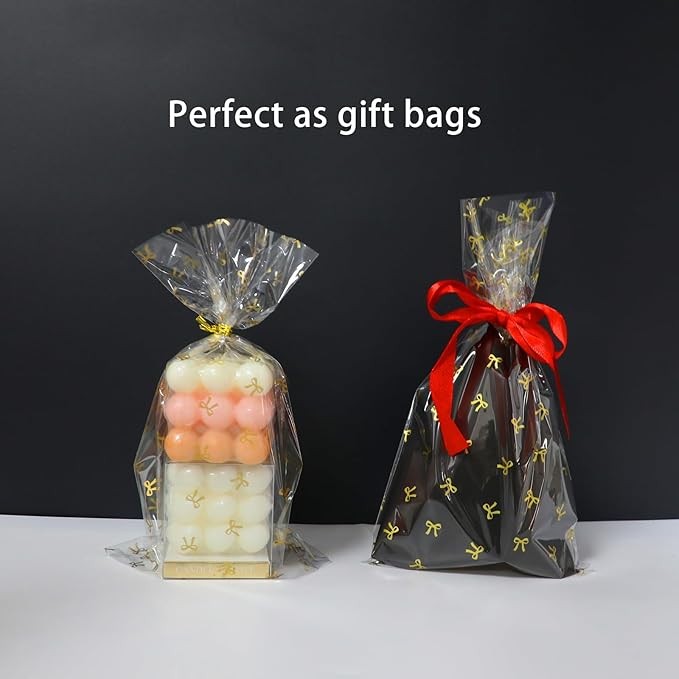 SOMIOCO Bow Clear Gift Bags, 100 PCS 6x11 In Gold Cellophane Treat Bags with Twist Ties for Goodies,Gifts,Candy Cookies,Birthday Party Favors packaging