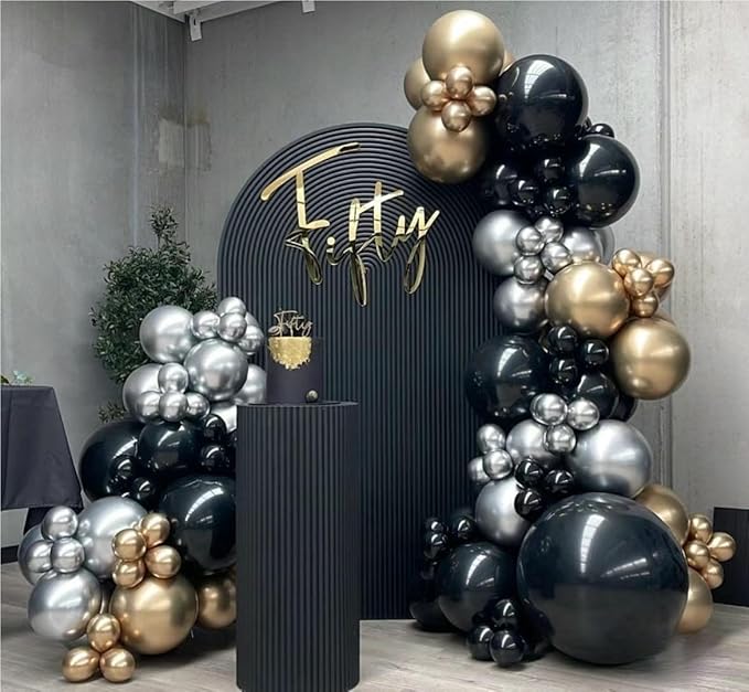 Black Gold Silver Balloons Garland Arch Kit, 141Pcs Latex Balloons Different Sizes 18 12 10 5 Inch for Party Decorations, Wedding Backdrop, Birthday, Baby Shower, Graduation