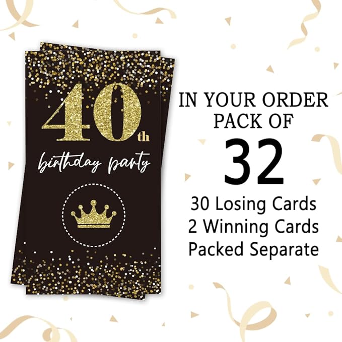 REWIDPARTY Black Gold 40th Birthday Party Scratch Off Game Cards（32 PCS） Cheers to 40 Years Party Supplies Happy 40th Birthday Party Scratch Cards Activity for Birthday Raffle Tickets Kids Adults