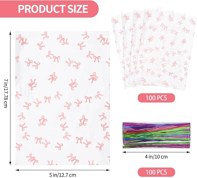 Docvania Cello Cellophane Treat Gift Bags Pink bow Cookie Bags 100 pcs 5 X 7 Goodie Bag with Ties for Mother's Day, Valentine's Day and Parties, Weddings