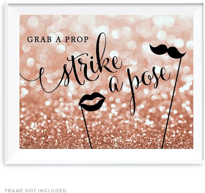 Andaz Press Wedding Party Signs, Glitzy Rose Gold Glitter, 8.5x11-inch, Grab a Prop & Strike a Pose Photobooth Sign, 1-Pack, Bokeh Colored Party Supplies