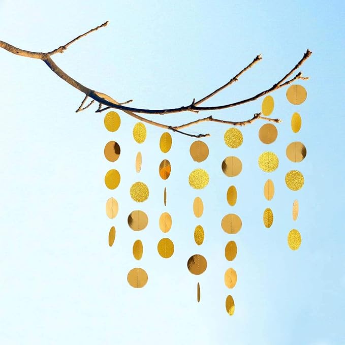 6 Pcs Glitter Gold Paper Circle Dots Garland (52 Feet) - Hanging Decorations for Birthday, Bachelorette, Engagement, Bridal Shower, Wedding, Baby Shower & Christmas