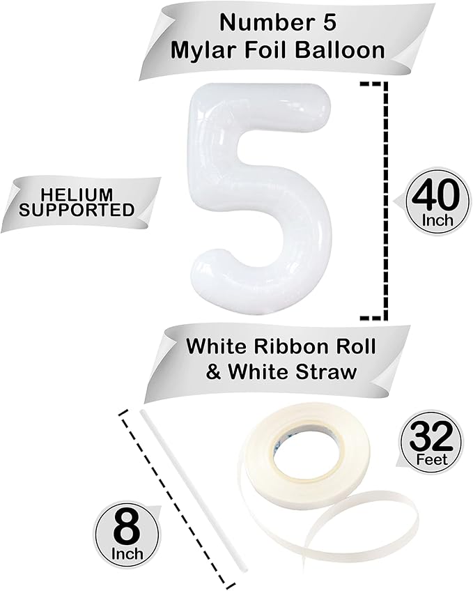 White Number 5 Balloons for 5th Birthday Decorations - Large 40 Inch 5th Birthday Decorations | 5 balloon number| Birthday Number Balloons | White 5th Birthday Party Supplies