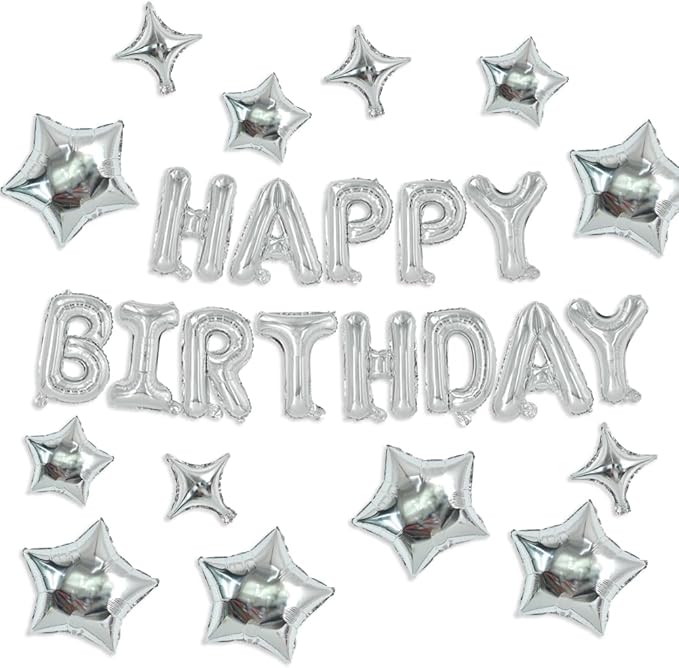 TONIFUL 35PCS Silver Happy Birthday Decorations 16 Inch Happy Birthday Balloon Banner with Star Balloons Mylar Foil Birthday Party Decorations Supplies for Men Women Adults Girls Boys Kids