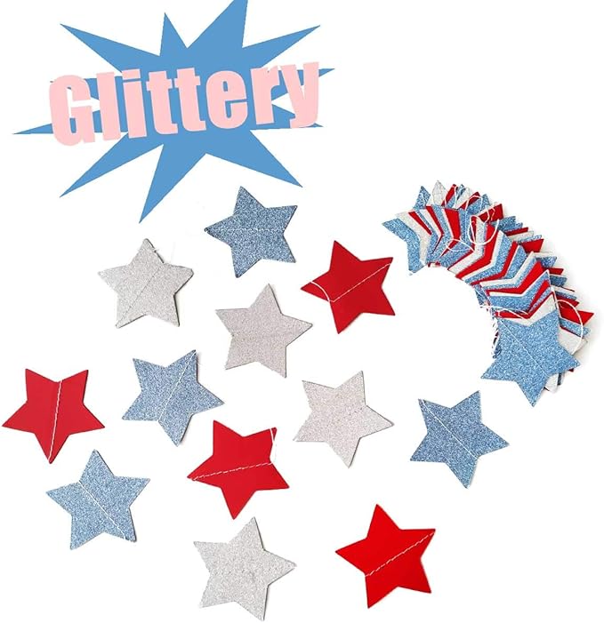 6 Pack Patriotic Star Streamers Garland Red White Blue Bunting Banner Paper Hanging Decorations for 4th of July American Independence Day Labor Day Holiday Memorial Day Party Supplies (50 Feet)