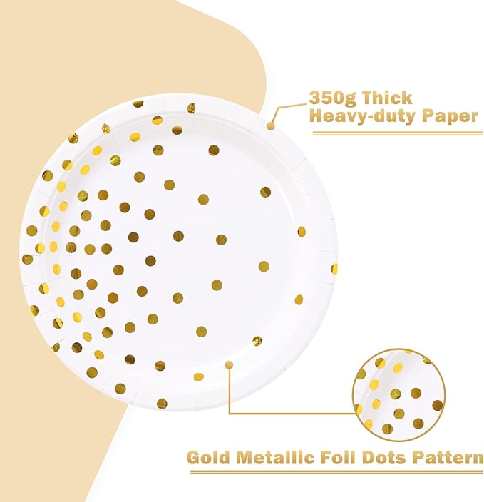 White and Gold Party Supplies, Gold Dot Paper Dessert Plates (50-Count)