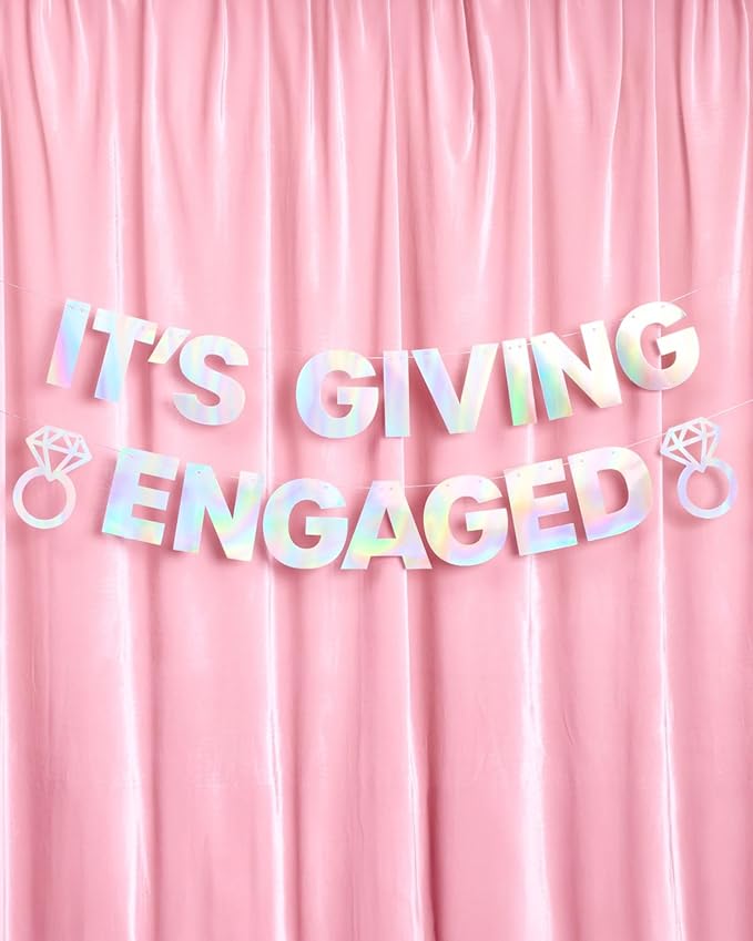 xo, Fetti It's Giving Engaged Banner - Iridescent Foil | 5 Ft. | Bachelorette Decorations, Engagement Party Sign, Proposal Background, Bach Supplies