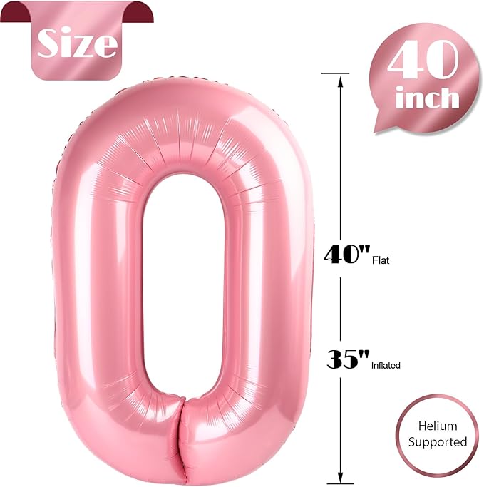 Pearlescent Pink Number 0 Balloon 40 Inch, 0 Balloon Numberfor 10th 20th 30th 40th 50th 60th Birthday Decorations, Pearlescent Pink Party Supplies for Men Women