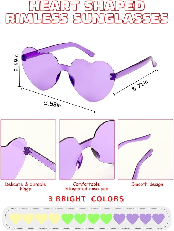 12 Pairs Heart Shaped Sunglasses Rimless Star Glasses for Men Women Party Favors Fun Colorful Glasses Accessories