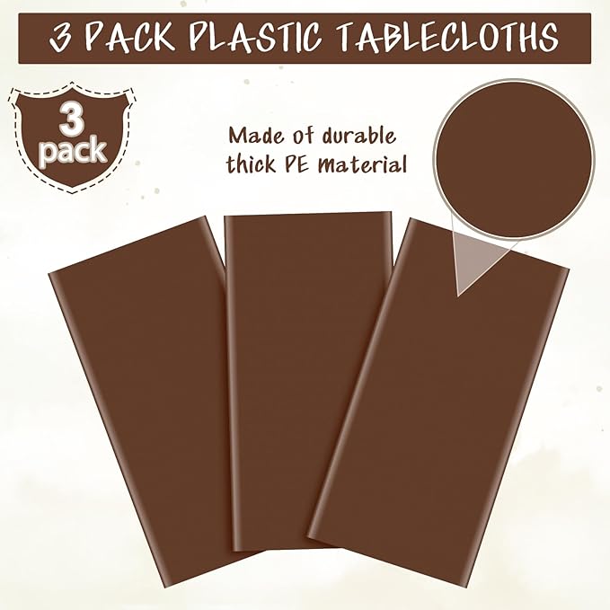 3Pcs Brown Plastic Tablecloths for Rectangle Tables,Disposable Chocolate Table Cloth,Waterproof Tan Table Cover for Fall Thanksgiving Harvest Birthdays Weddings Party Decorations,54 x 108 Inch