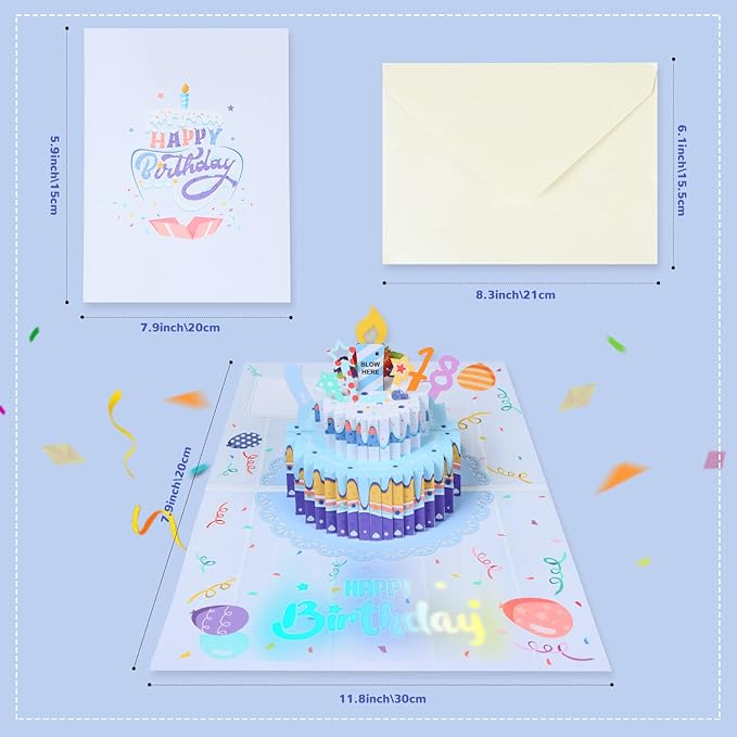 3D Musical Birthday Card, Blowable LED Light Candle, 3D Birthday Popup Cards with DIY 0-9 Numbers, Blow Out Led Light Candle, and Play Birthday Music Flash Happy Birthday Lights for Kids Men and Women