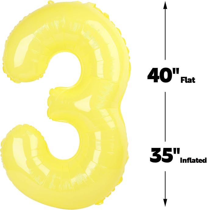 Large 40 Inch Yellow 3 Number Balloon, 3 13 23 30 33 36 38 Yellow Birthday Party Decorations, Numbers Three Foil Balloons for Anniversary Party Graduations Celebration Supplies