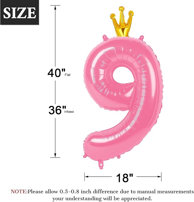 Big Pink Crown 40 Inch 9 Balloon Number, Jumbo Giant 9th 19 29 39 49 99 Birthday Party Decorations, Large Pink Crown Foil Balloons Anniversary Birthday Party Engagement Decorations