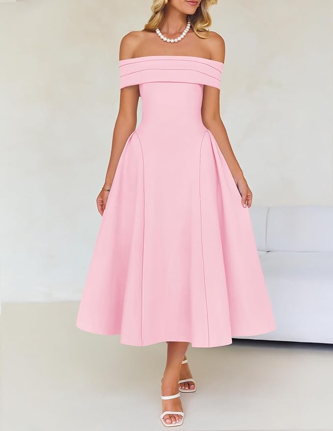 ZESICA Summer 2026 Cocktail Dresses for Women's Off Shoulder Short Sleeve Swing A Line Wedding Evening Party Midi Dress