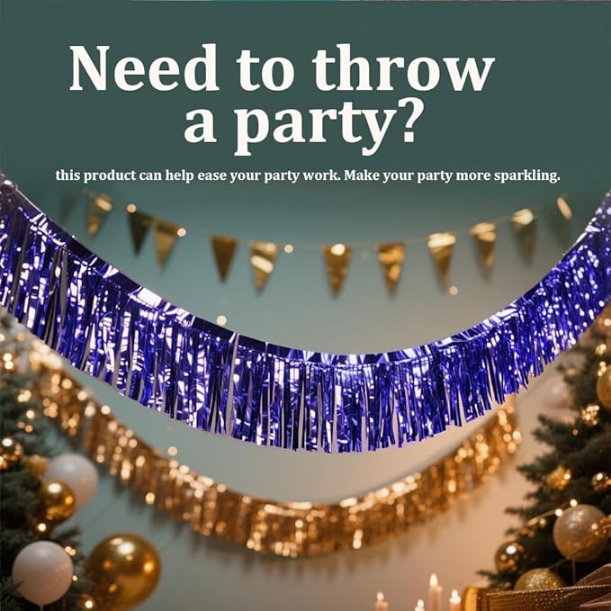 3 Pack Blue Total 30 Feet Foil Fringe Garland Metallic Tinsel Banner Wall Hanging Drapes Parade Float Skirting Decorations for Trailer Mardi Gras Party Birthday Baby Shower (Royal Blue)