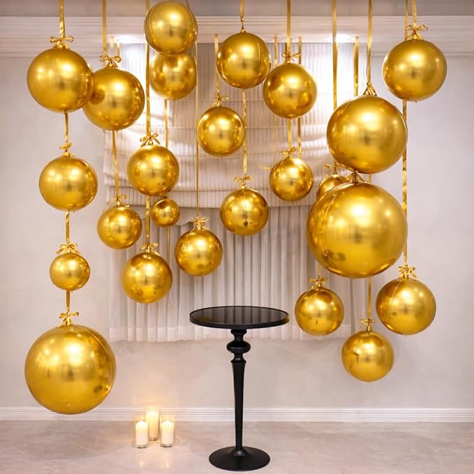 Togvu Gold Round Foil Balloons, 12PCS Different Sizes 4D Metallic Balloon Large Golden Sphere Mirror Ball Balloons for Prom Graduation Christmas New Year Birthday Party Ceiling Decorations Supplies