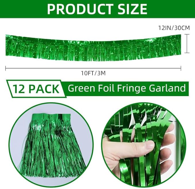 12 Pack 10 Feet Metallic Foil Fringe Garland Tinsel Streamers Banner, Green Wall Hanging Tinsel Fringe Banners for Parade Floats, Wedding, Birthday, Christmas, New Year Party Decorations