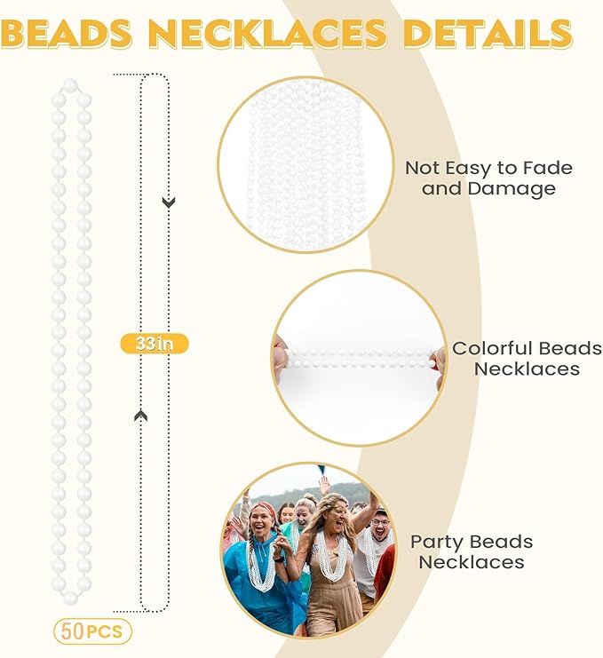 SHAOQINLIN 50 PCS White Bead Necklaces, 33" White Mardi Gras Beads, Christmas Necklace, 4th of July Necklace, Parade Throws Accessories for Christmas Independence Day New Year Party Favors