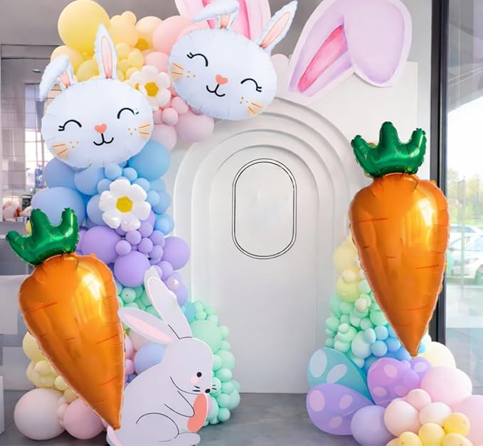 5PCS Easter Bunny Balloons Set Large Rabbit Head & Carrot Foil Mylar Balloons Cute Bunny Face Balloon for Easter Party Decorations Baby Shower Rabbit Birthday Spring Theme Party Supplies