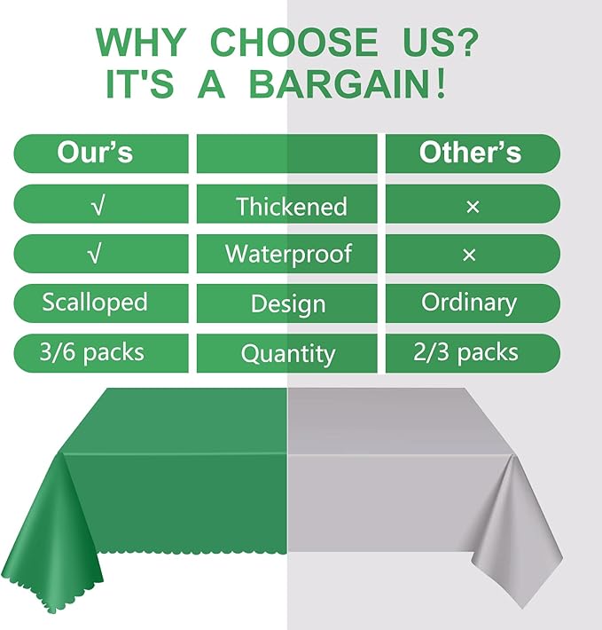 6 Pack St Patrick's Day Tablecloth, 54 x 108 Inch Plastic Green Tablecloths Disposable Green Table Cloth for Rectangle St Patricks Day Decorations, Waterproof Table Cover for Wedding Anniversary Party