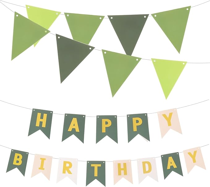 MECCANIXITY Birthday Banner 16 Feet Green Birthday Decorations CardStock Birthday Sign with Pennant Banner Flags for Birthday Decor Backdrop Festival Party Supplies